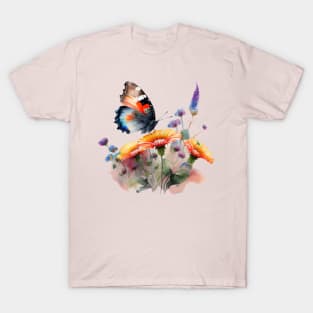 Beautiful Butterfly on Wildflowers - Watercolor Artwork T-Shirt